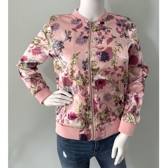 Say What Pink Satin Floral Bomber Jacket Girls size Large 14/16 - Picture 1 of 9